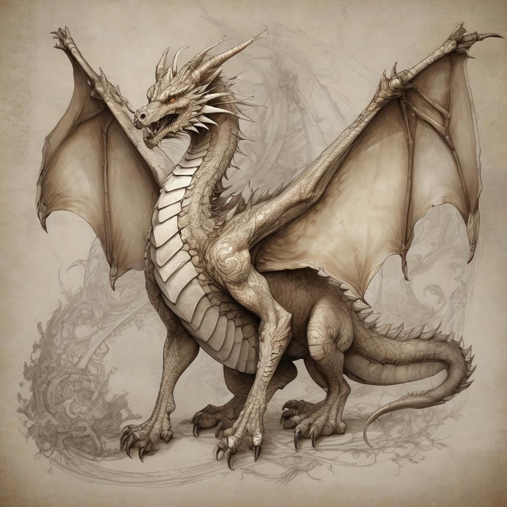 Monochrome Dragon Sketch with Intricate Details