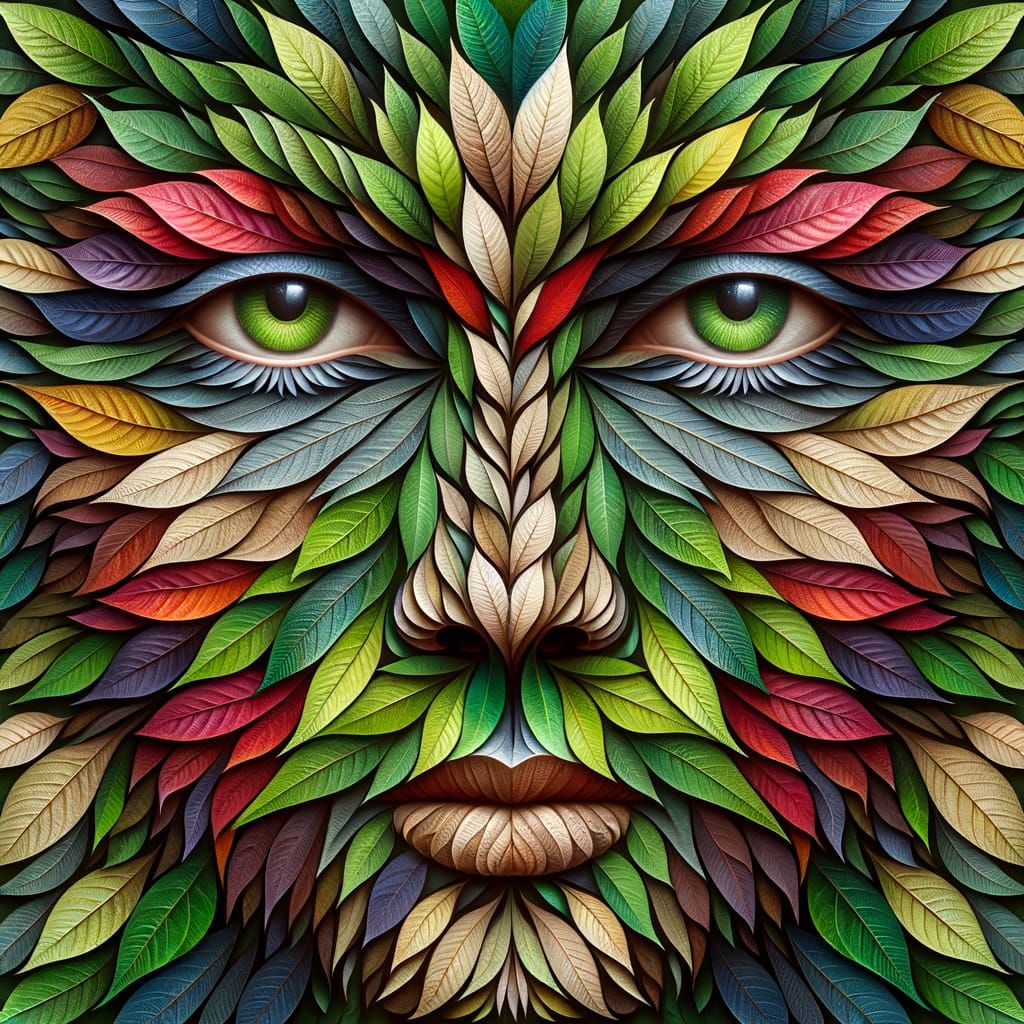Vibrant Leaf Portrait in Emerald and Crimson Hues