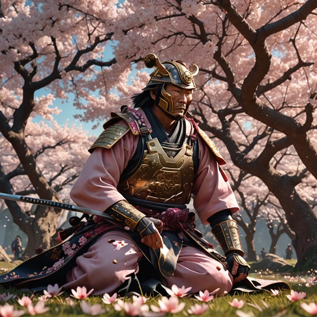 Dying Samurai Under Cherry Blossom in 3D Rendering