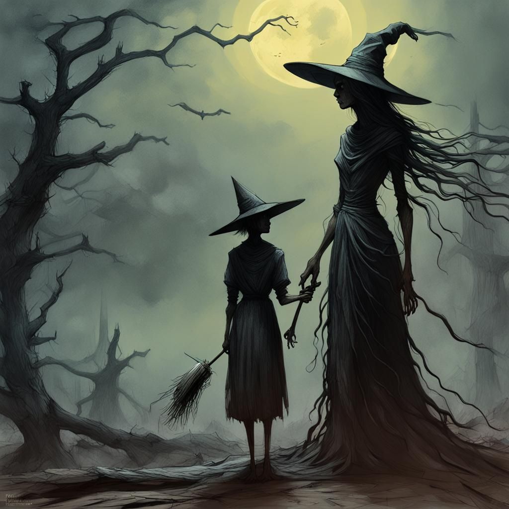 Witch and Victim in Dark Fantasy Style