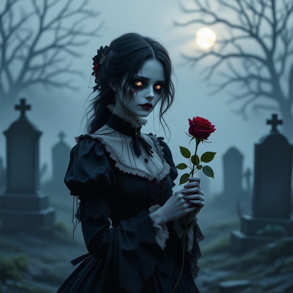 Gothic Zombie Girl in Foggy Graveyard
