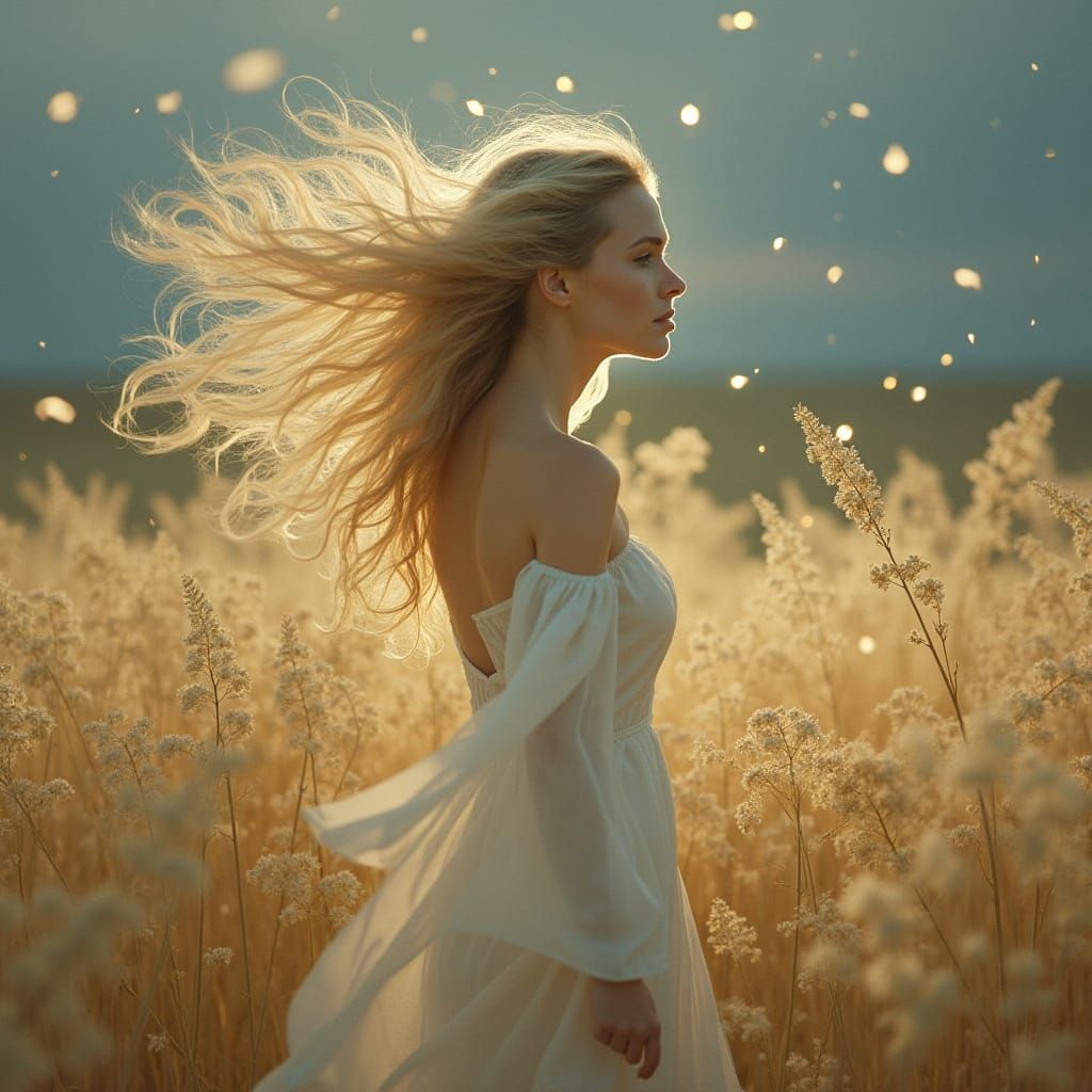 Golden-Haired Woman in Meadow, Art Nouveau Style