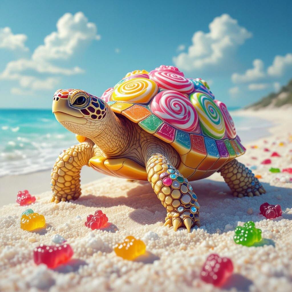 Candy Turtle on Sugar Beach in Hyper-Realistic Style