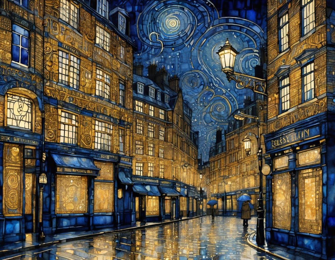 Rainy London Streets at Night in Art Nouveau Style