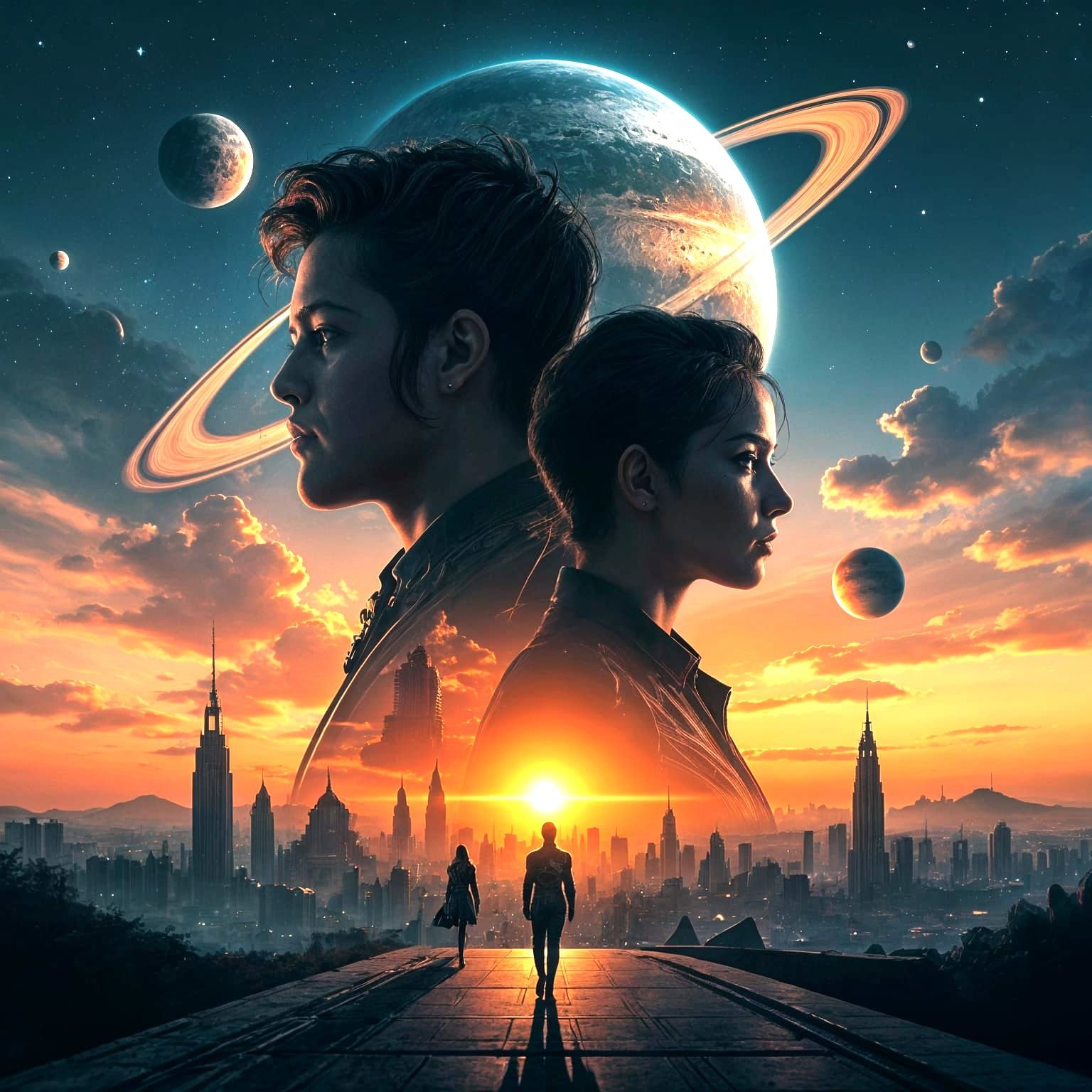 Futuristic Fantasy Movie Poster with Ringed Planets