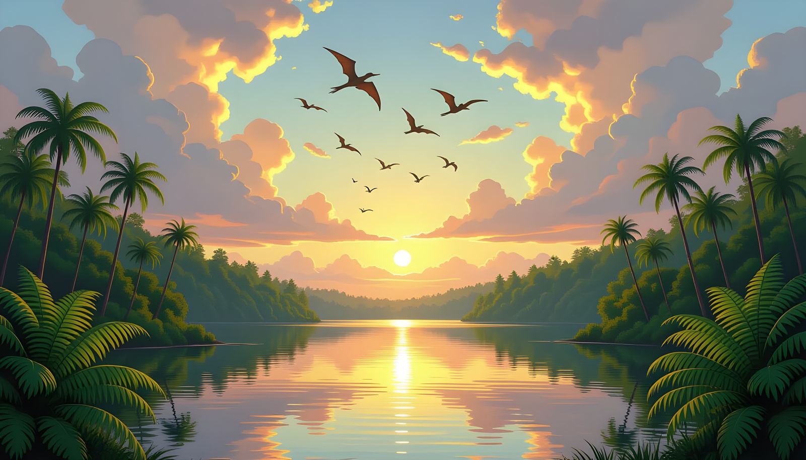 Jurassic Lake with Pterodactyls at Sunset Landscape Painting
