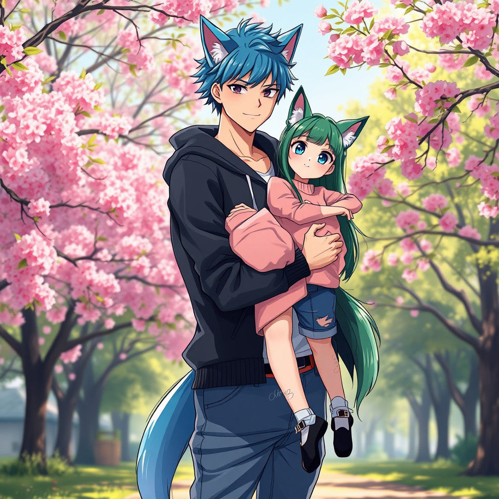 Anime Boy with Cat Features Holding Girl in Park