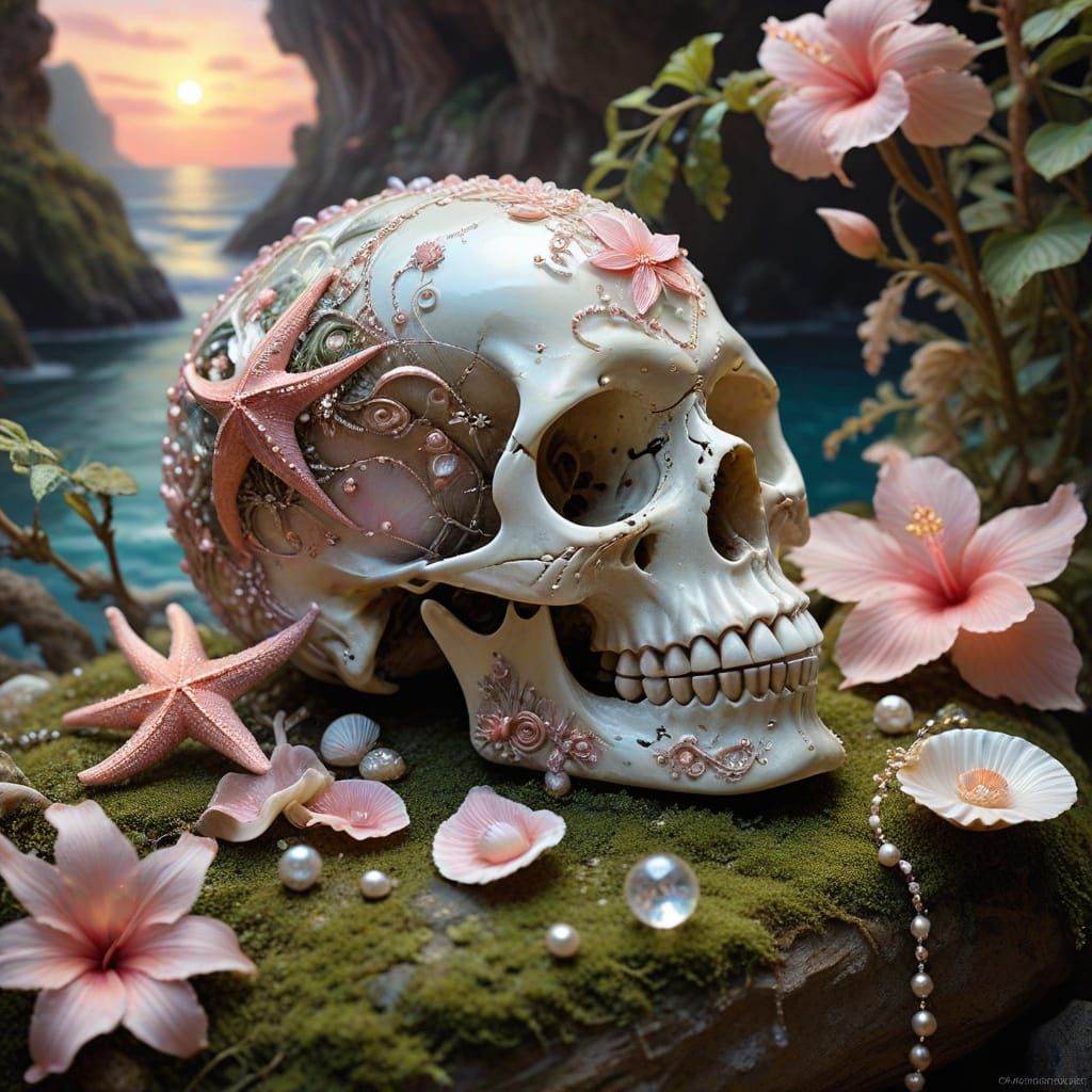Crystal Skull in Dreamy Coral Cave, Ethereal Art