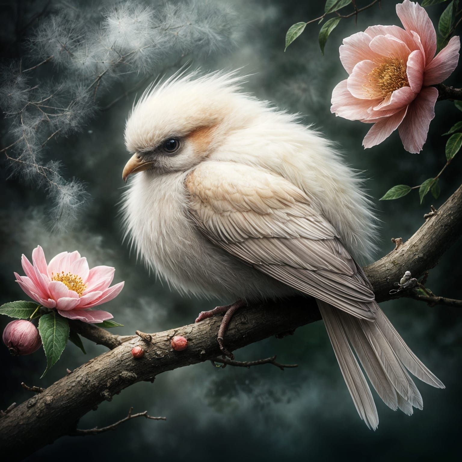 Pastel Bird on Flowering Branch Digital Painting