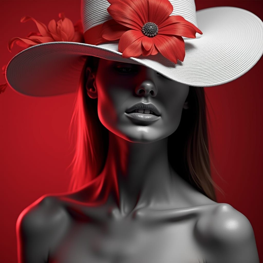 Black and White Portrait of Woman with Crimson Streak