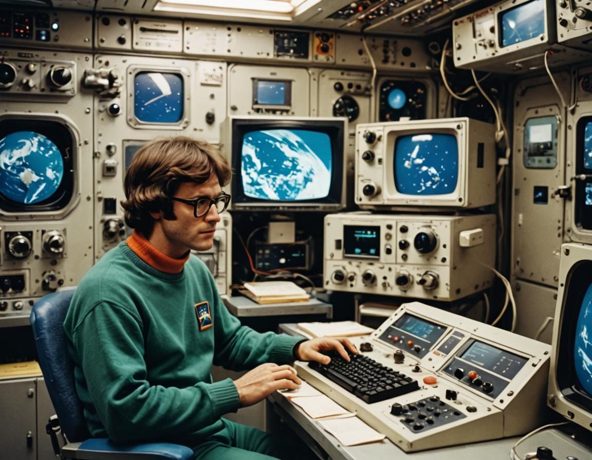 Retro Computer in Space Station with Coastline View