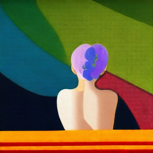 view from behind, Anime girl, white hair, sitting on balcony railing looking at neo tokyo, neo-impressionism expressioni...