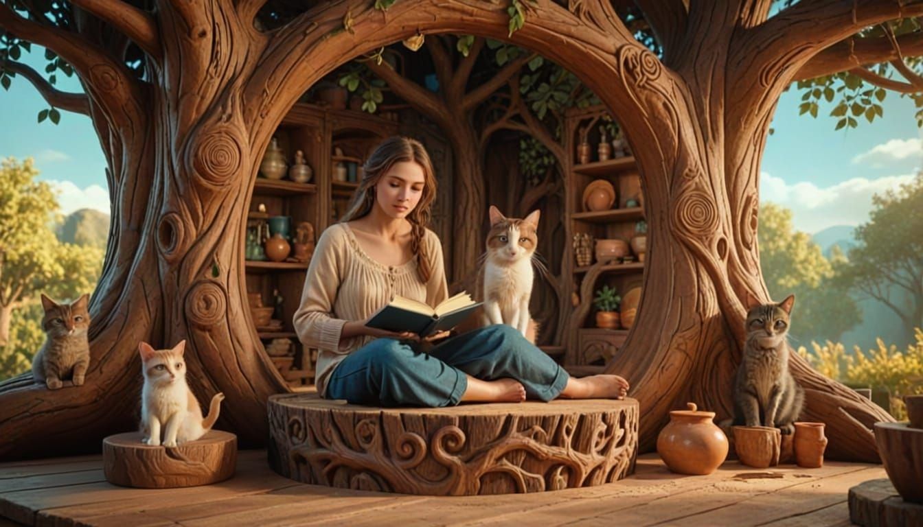 Cozy Treehouse Interior with Cat and Woman