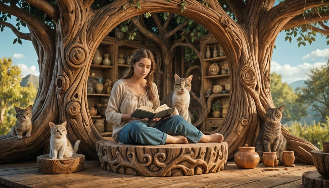 Cozy Treehouse Interior with Cat and Woman