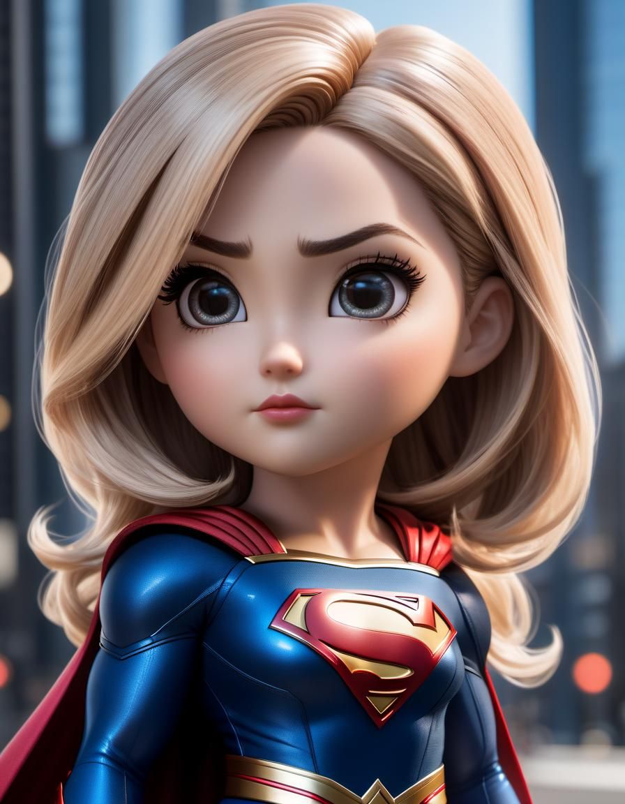 Hyperrealistic Chibi Supergirl with Big Eyes