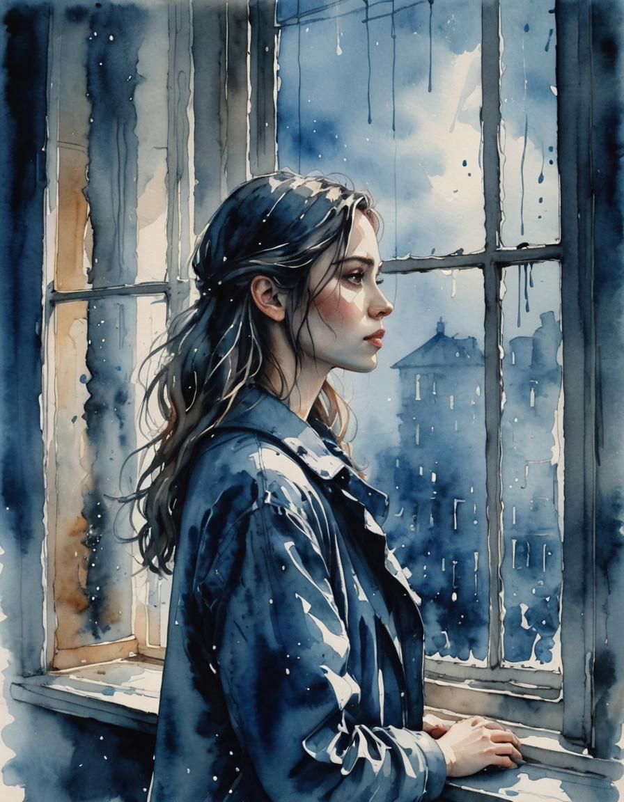 Girl Watching Rain: Watercolor Splash Art