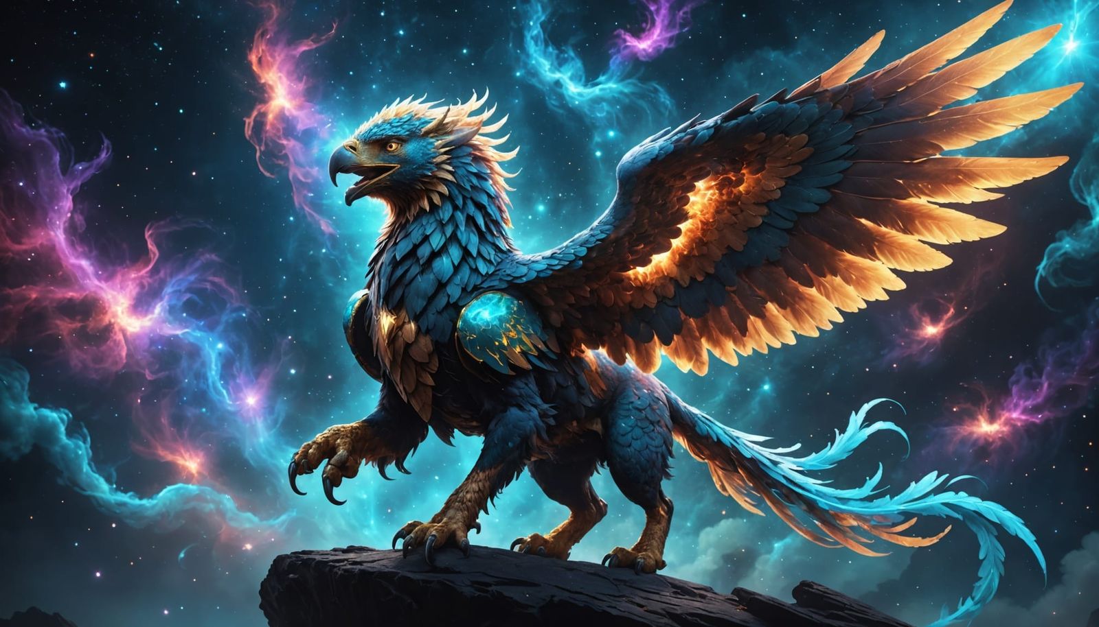 Bioluminescent Griffin Soaring Through Nebula as Fantasy Art