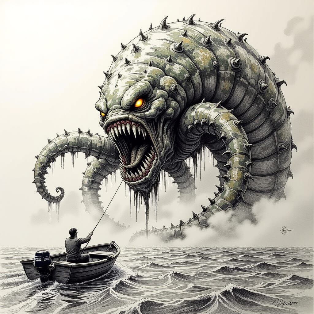 Giant Octopus Attacks Man: Detailed Pencil Drawing