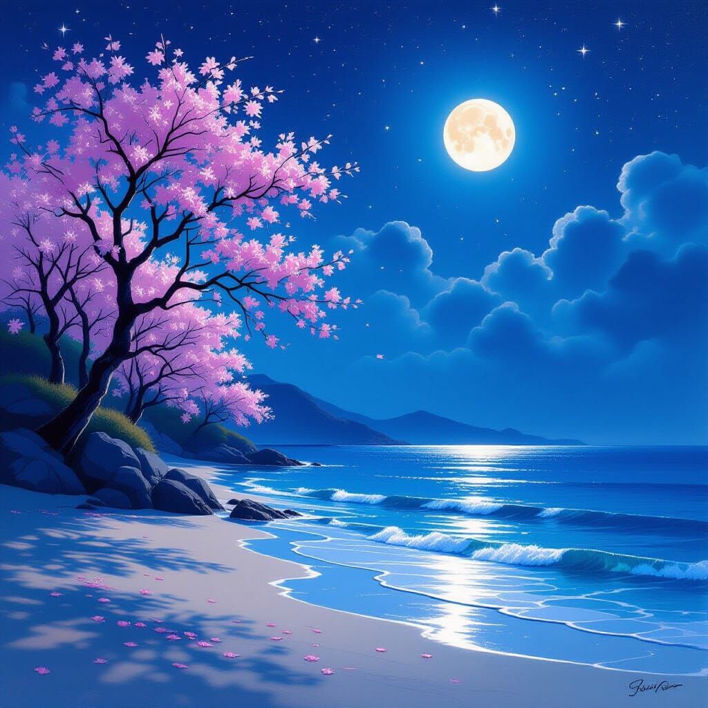 Cinematic Night Beach Scene With Cherry Blossoms