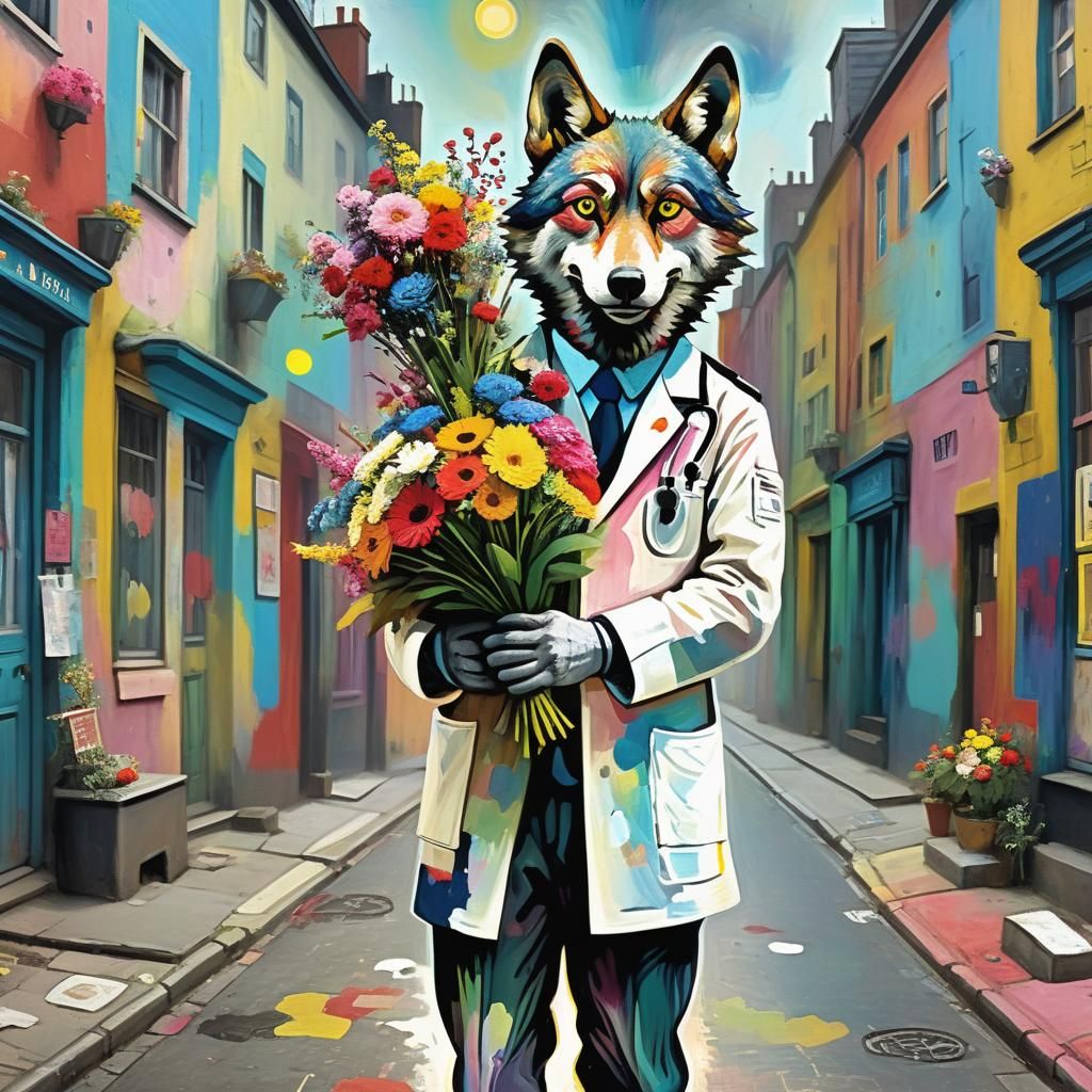Wolf Ophthalmologist in Surreal Street Art Style