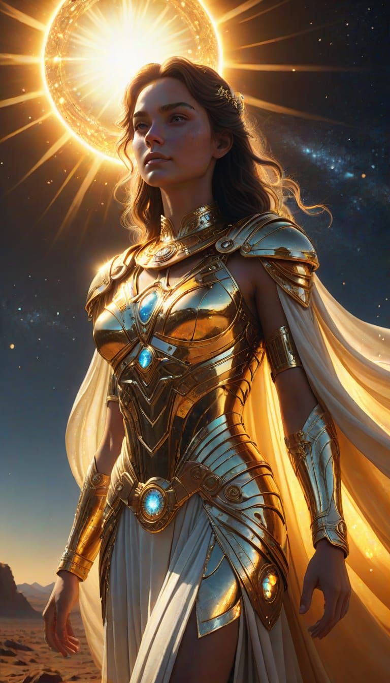 Divine Being Watches Cosmic Sunrise in Cinematic Style