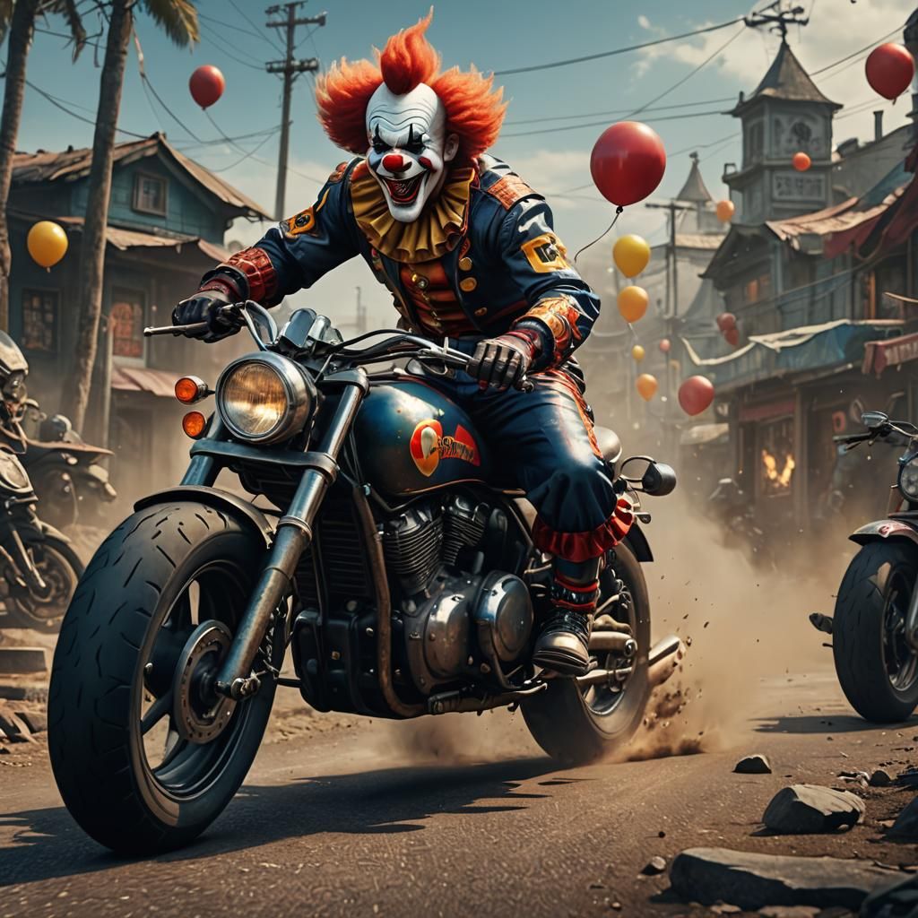 Clown Speedo Motorcycle Ride: Detailed Digital Art