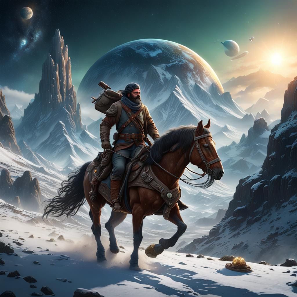 Mountain Man on Alien Planet in Blizzard