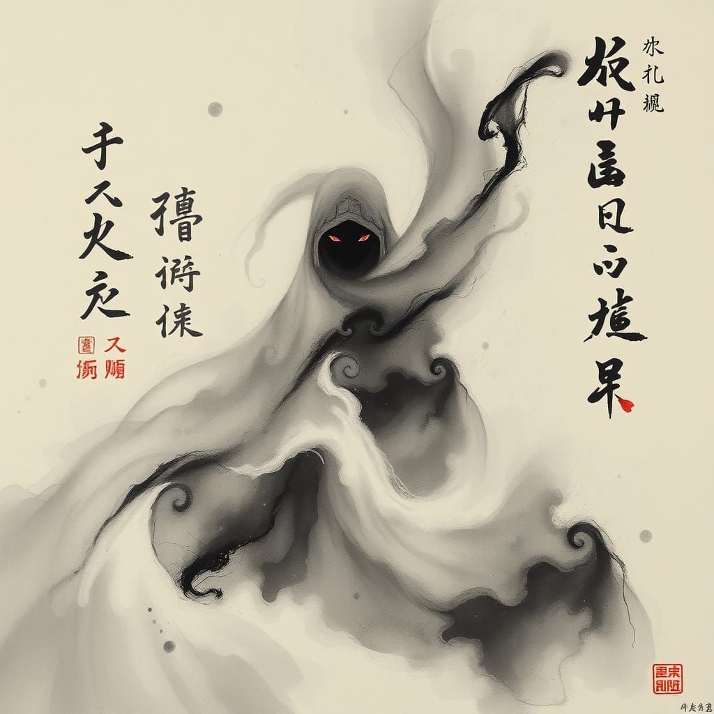 A Figure Shrouded In Mist, Surrounded By Swirling Kanji