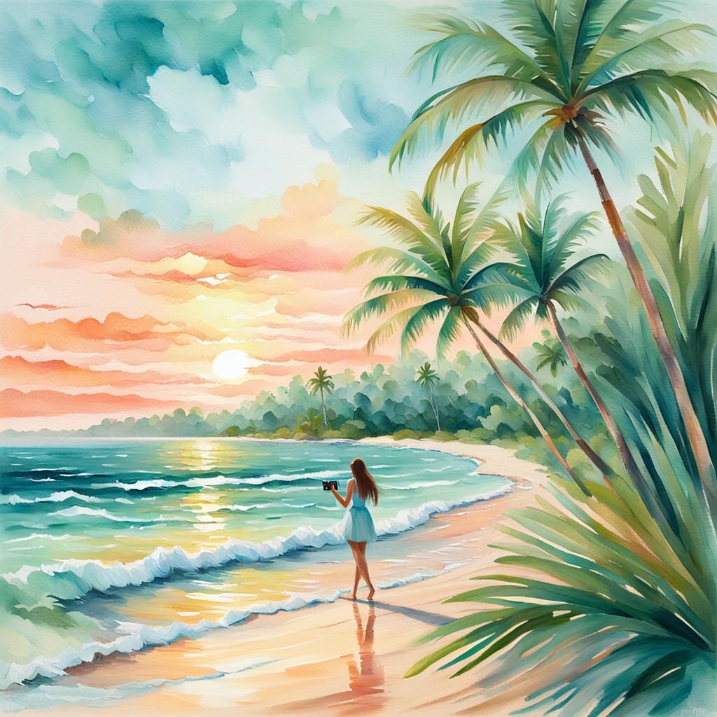 Tropical Beach Impressionism with Girl and Camera