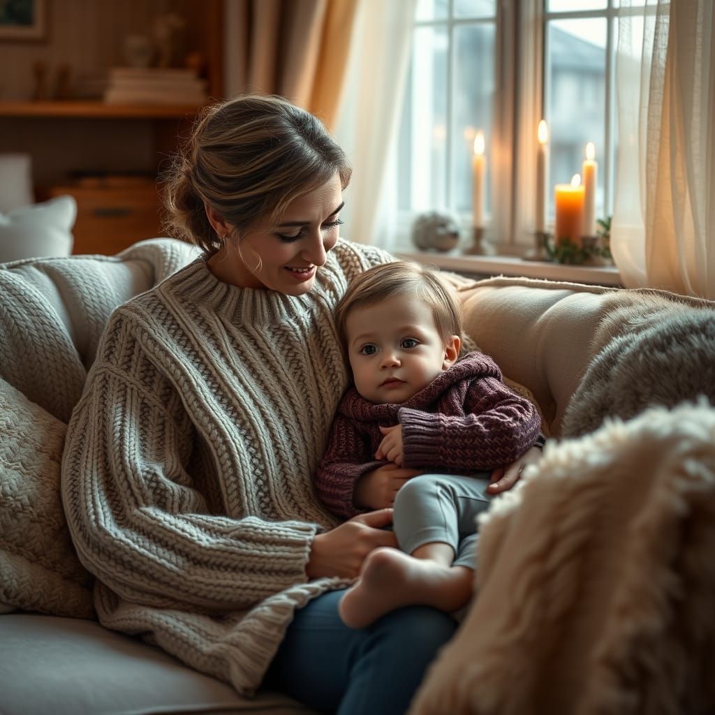 Cozy Mother and Child Share Intimate Moment in Soft Candleli...