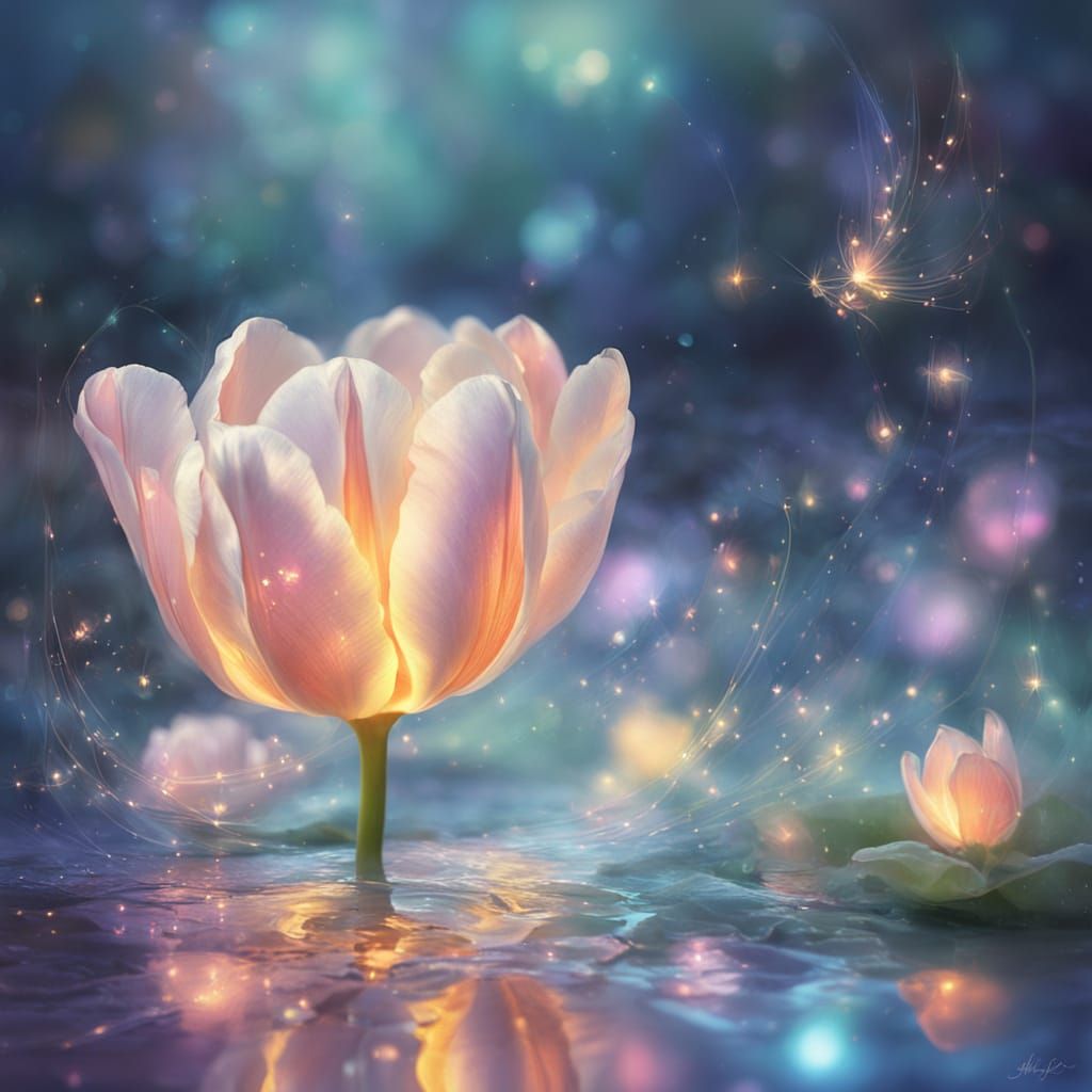 Luminous Tulip in Starlight Dreamscape with Fireflies