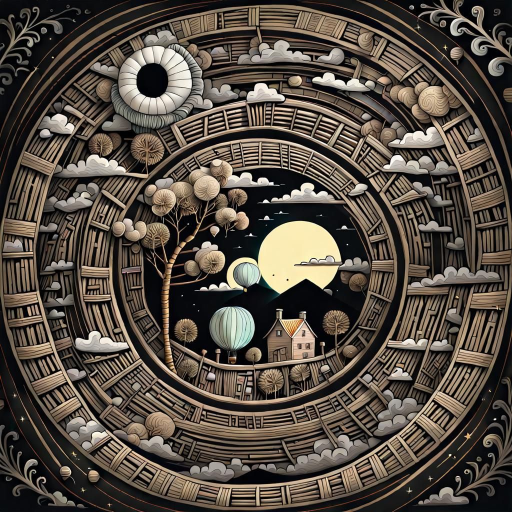 Cosmic Moon Balloon in Folk Art Style