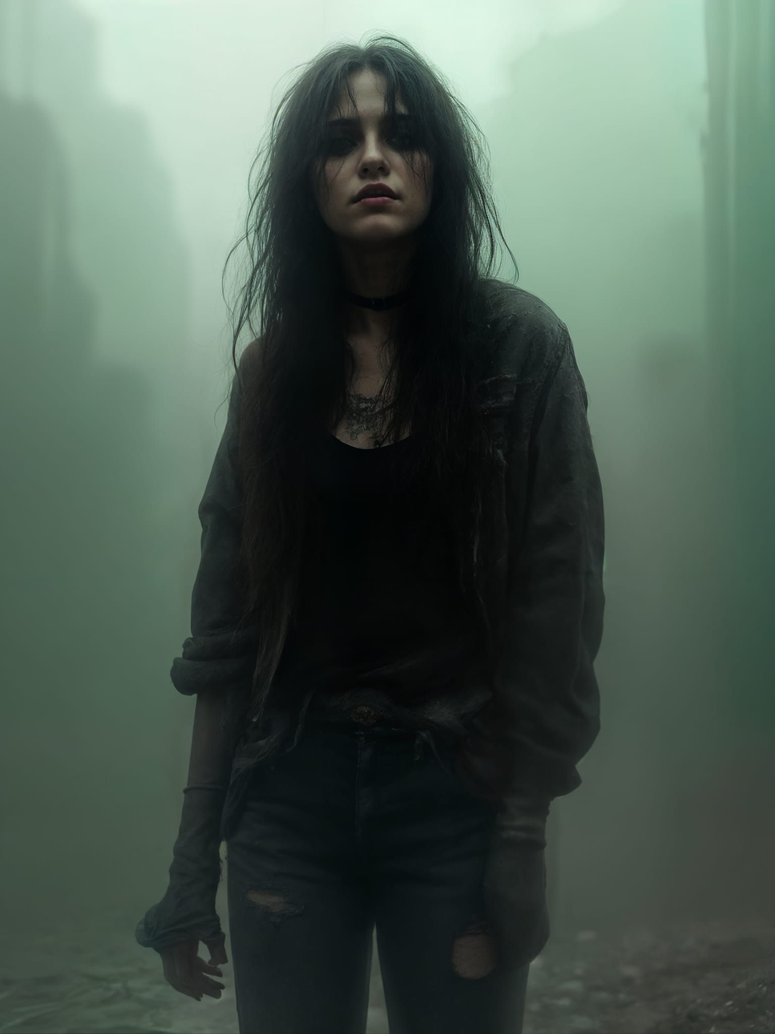 Grunge Goth Traveler in Dystopian Wasteland