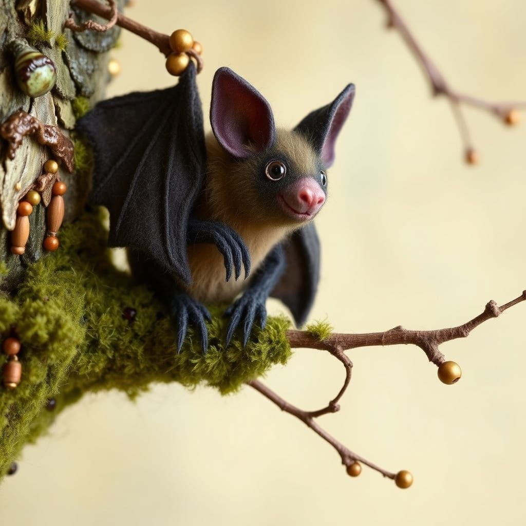 Felted Bat on Mossy Branch in Storybook Style