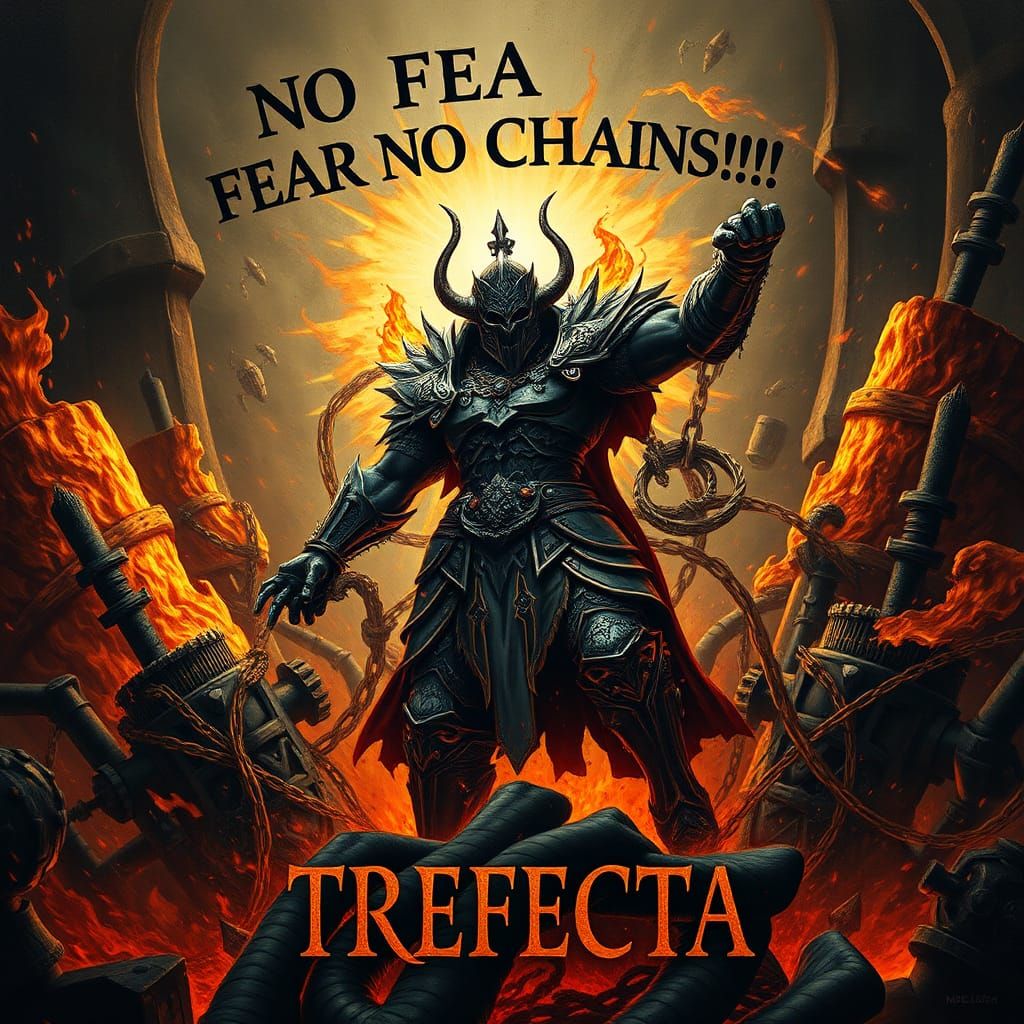 Mythical Warrior Breaks Chains in Fiery Surrealscape