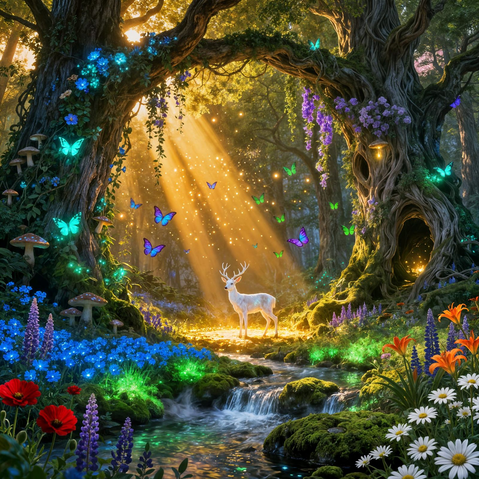 Magical Dawn Forest with Bioluminescent Flora