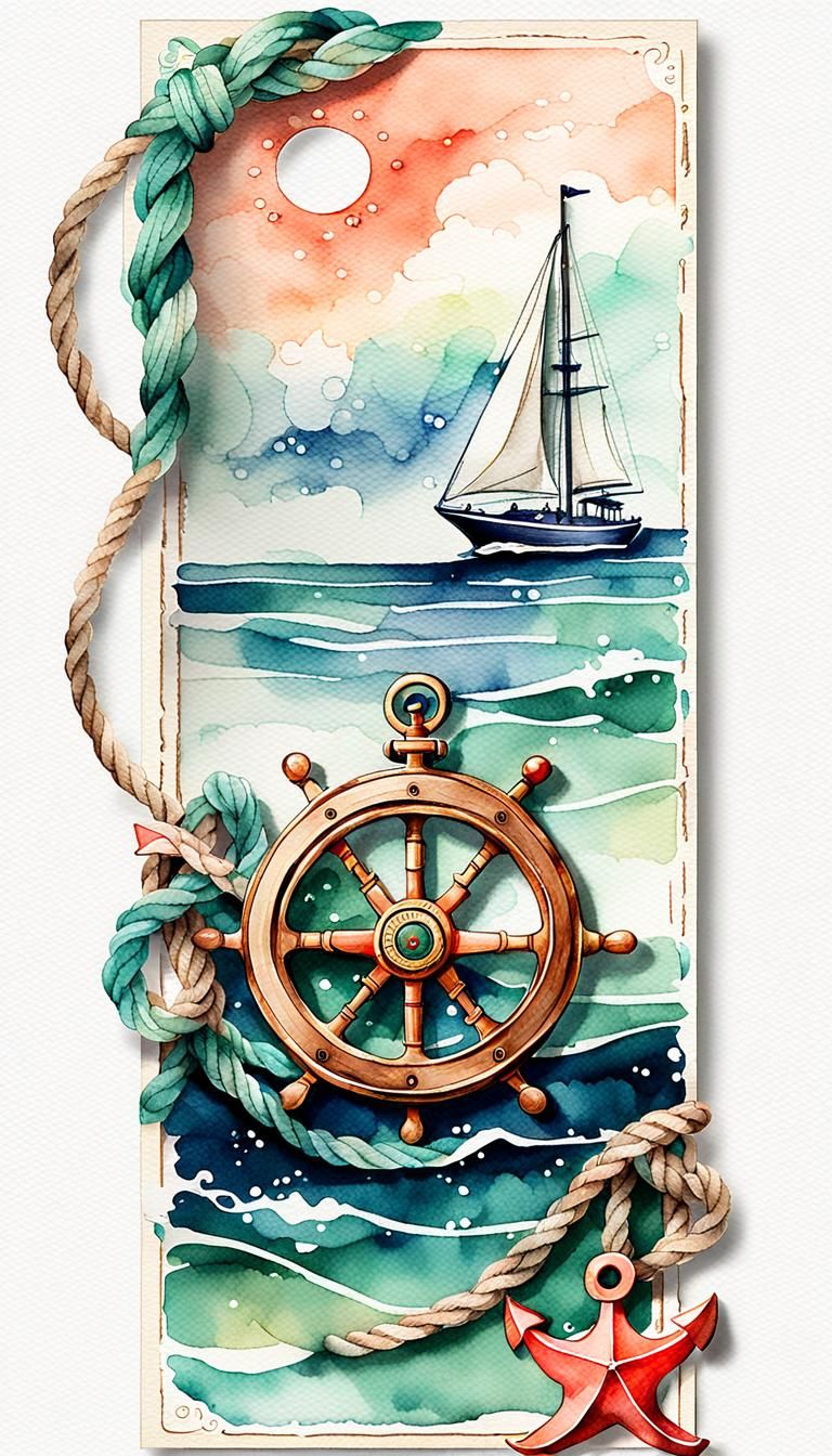 Nautical Watercolor Bookmark with Marine Elements