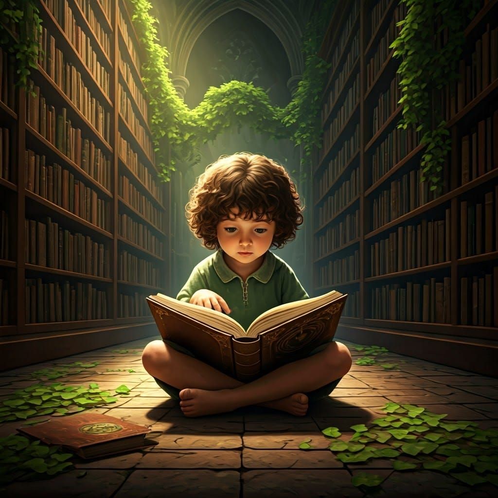 Whimsical Library Scene with Child Lost in Ancient Tomes