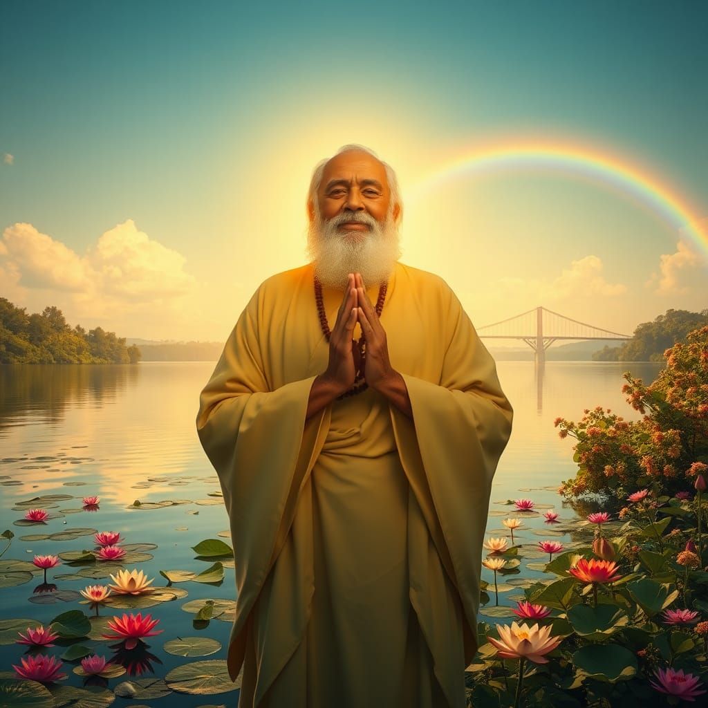 Serene Spiritual Teacher at Lake with Rainbow Bridge