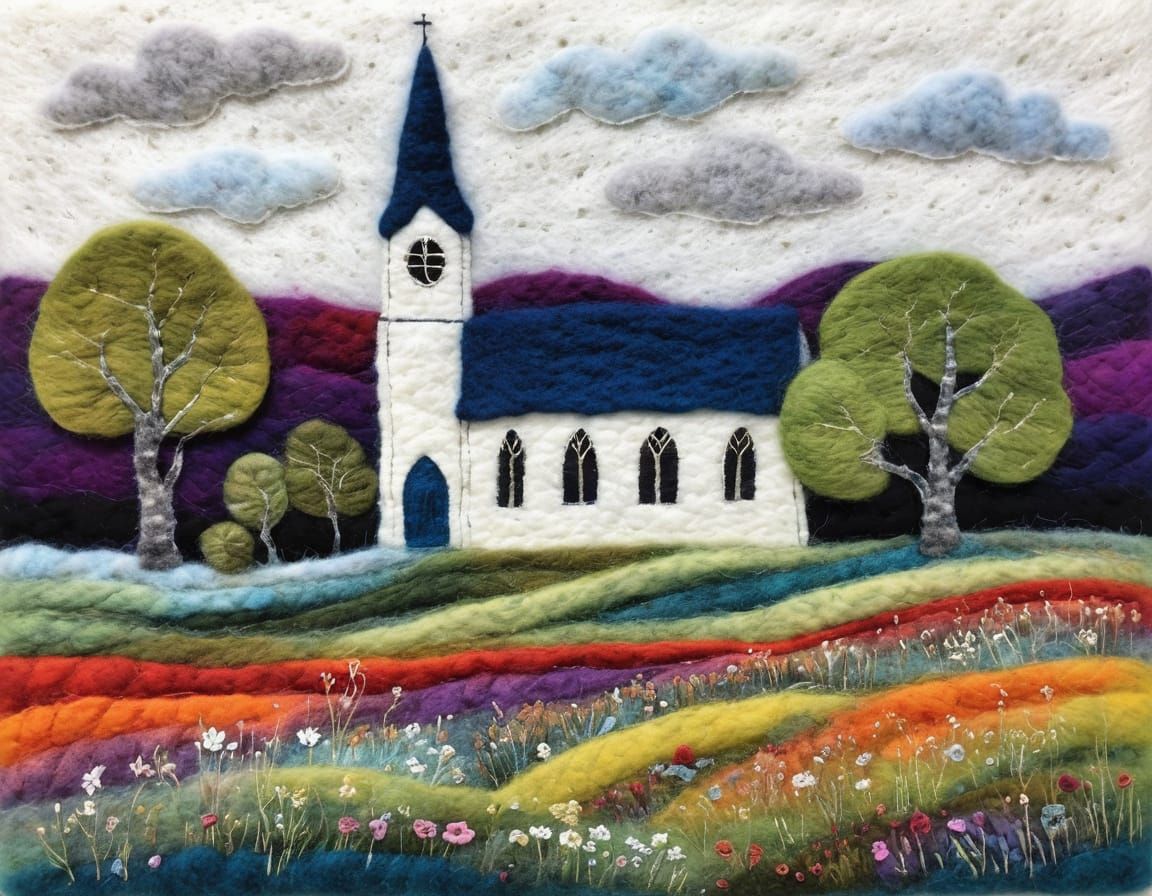 Felt Art: White Country Church in Wool and Silk