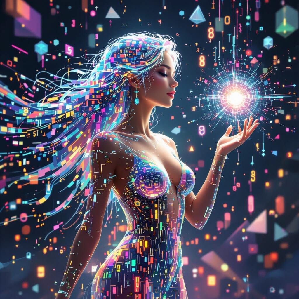 Digital Woman of Light and Code in Abstract Void
