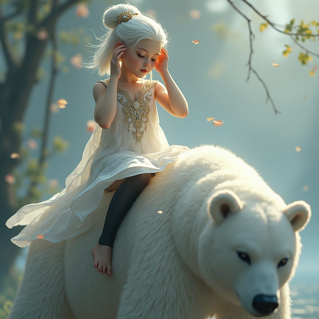 Albino Girl on White Bear, Fantasy Concept Art