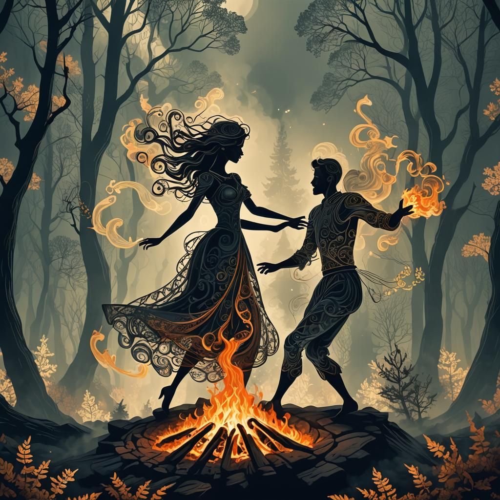 Dancing Couple Formed from Smoke Above Campfire