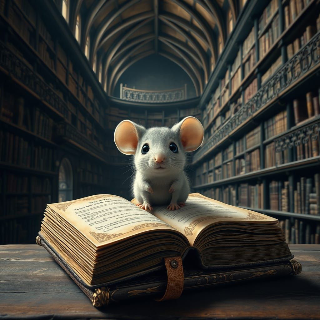 Whimsical Baby Mouse in Ancient Library