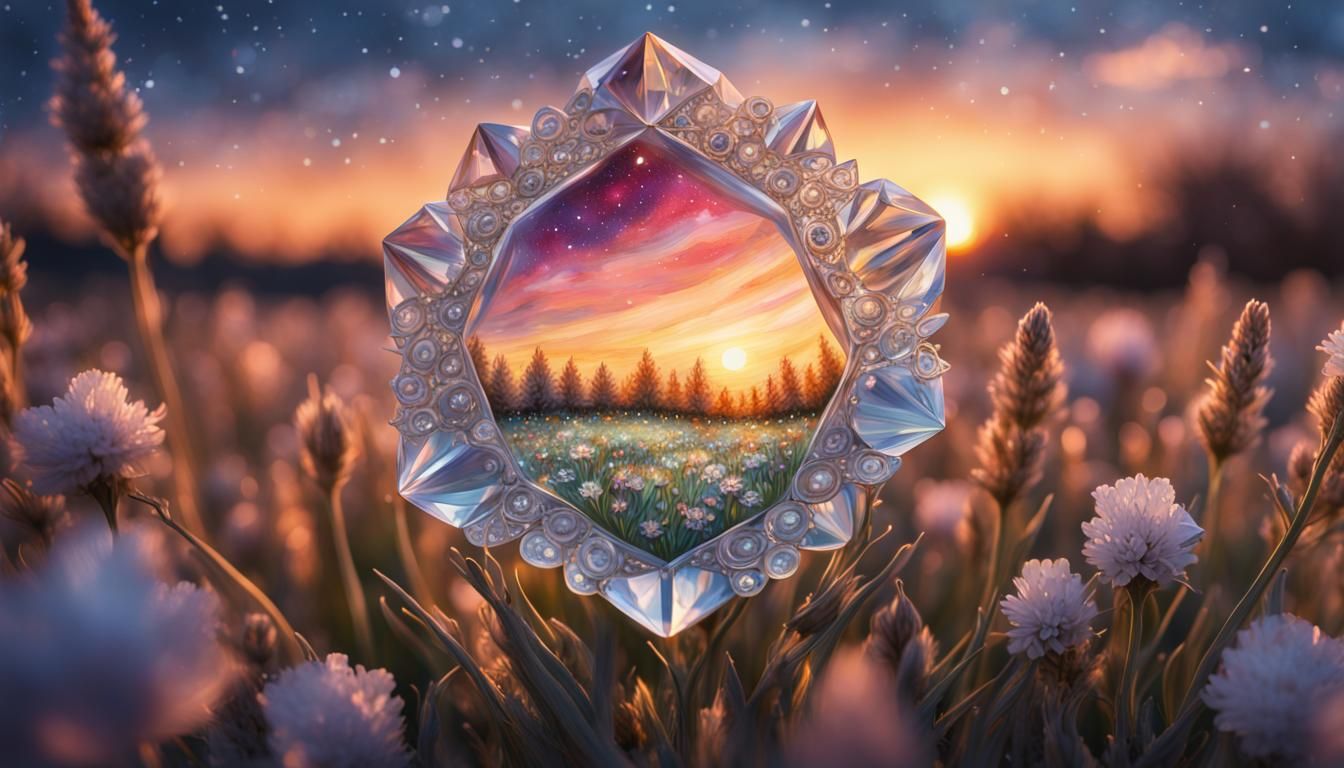 Ornate Crystal in Flower Field at Sunset