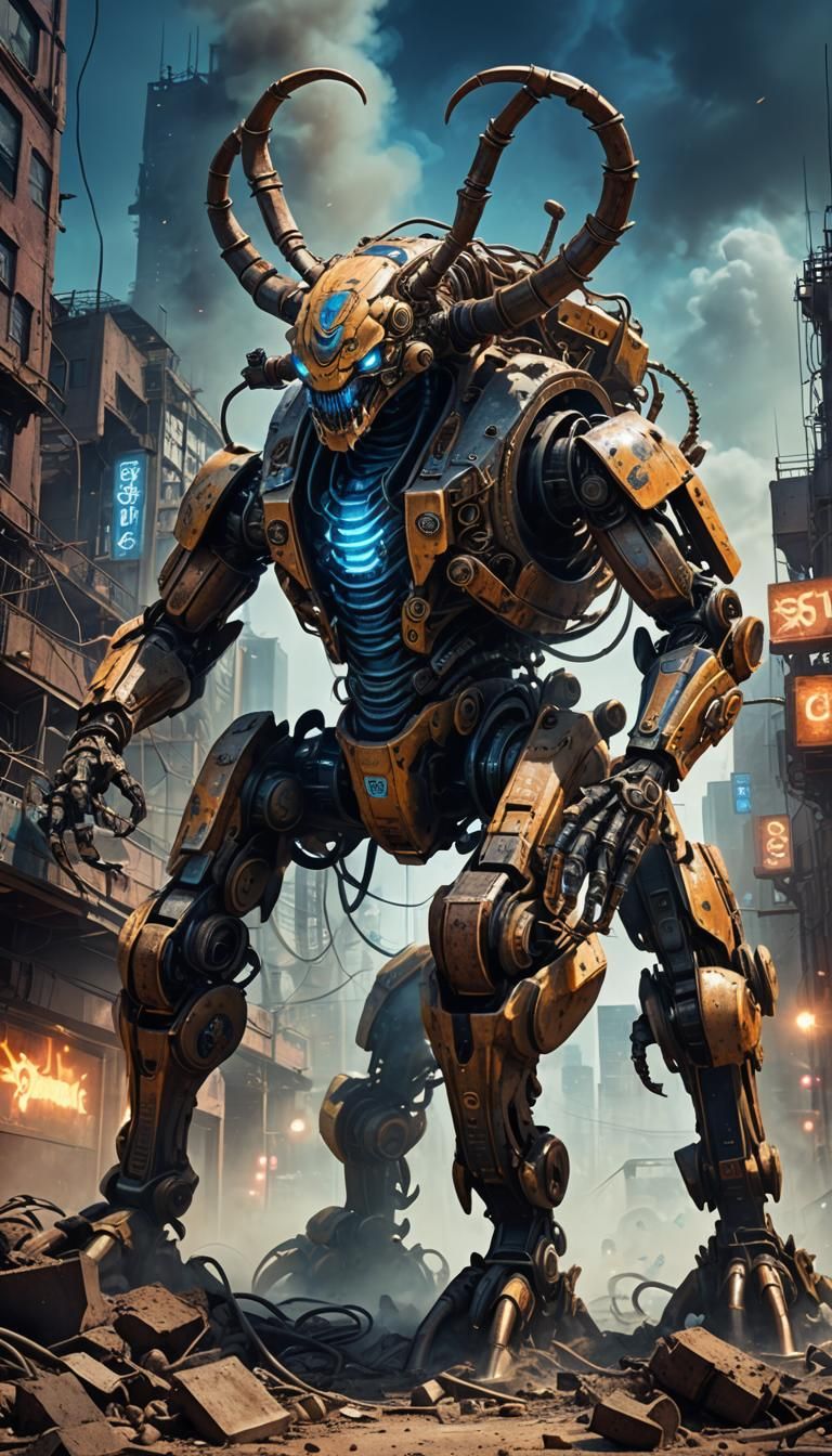 Mechanical Scorpion-Bulldozer Sci-Fi Creature Destruction