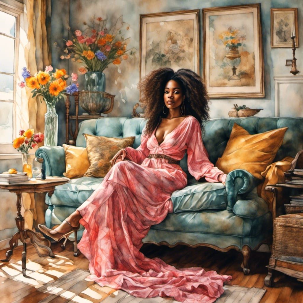 Beautiful African American Woman in Bright Living Room