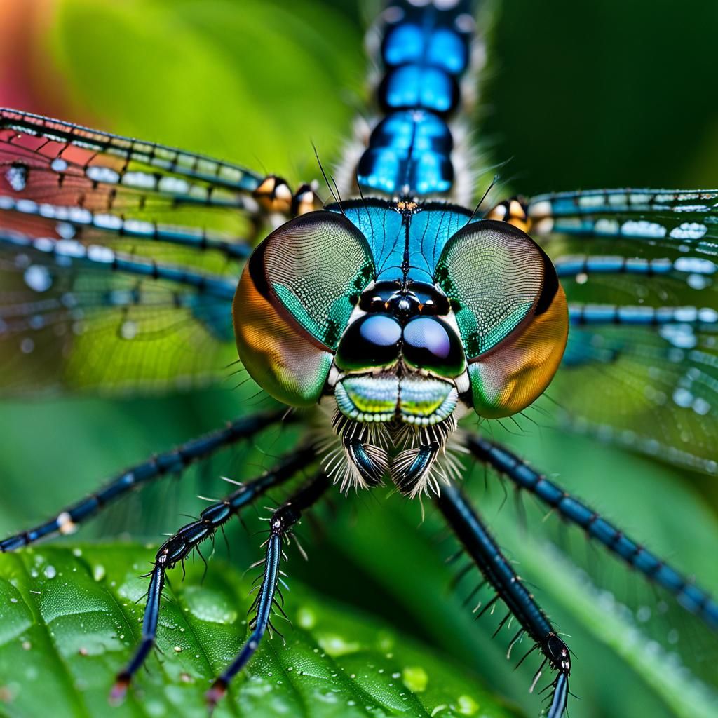 Iridescent Damselfly on Leaf in Extreme Macro Photography