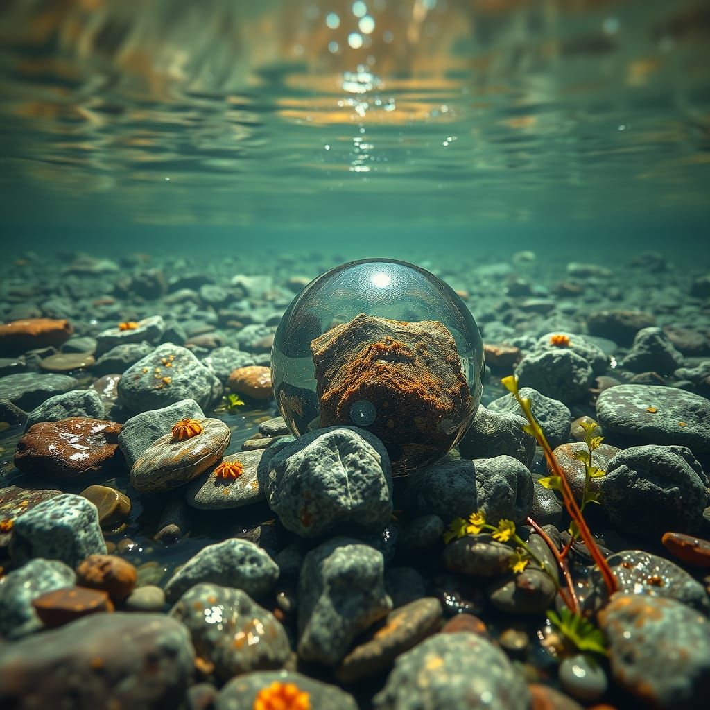 Mercury Droplet on Crystal Clear River Bottom