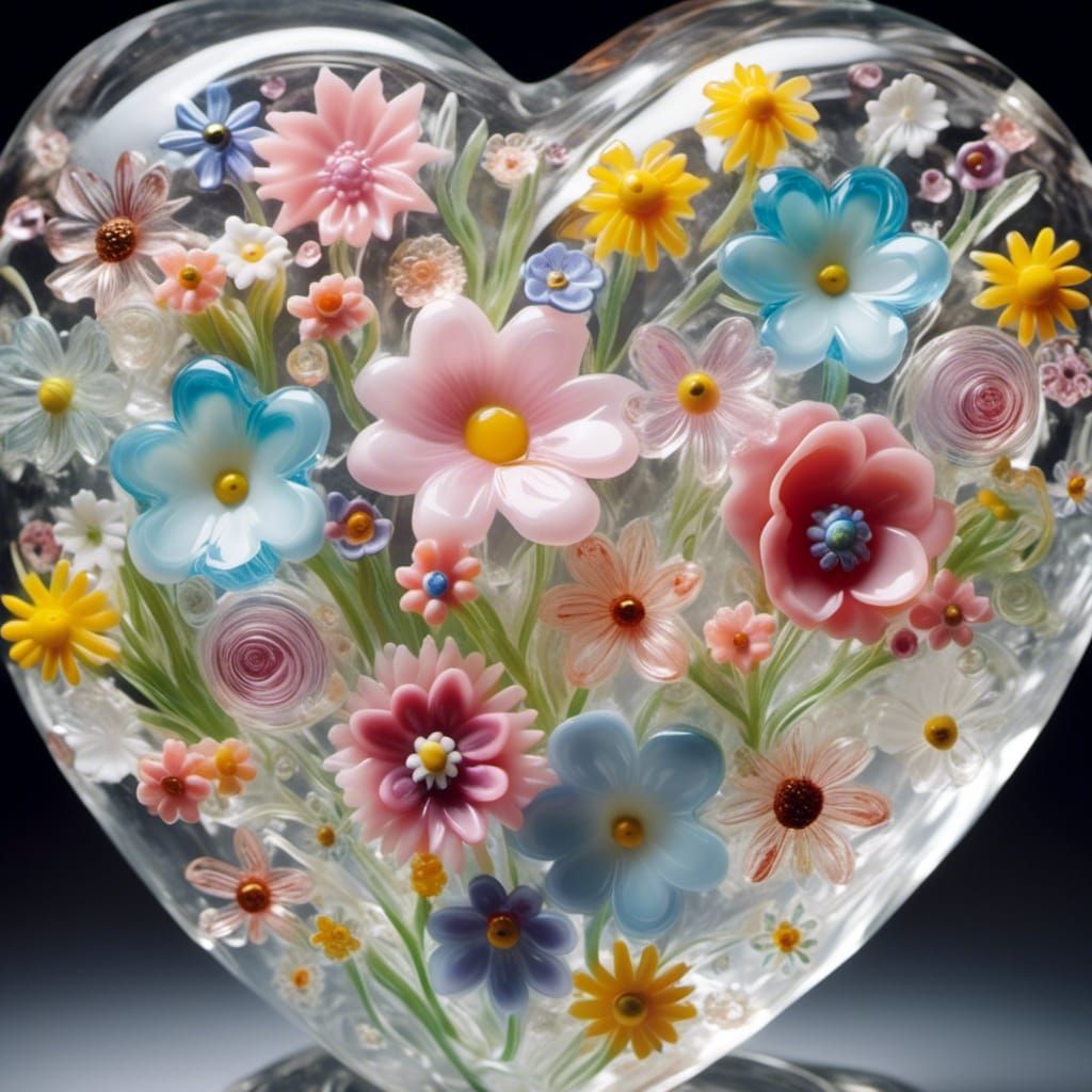 Glass Heart Filled with Pastel Flowers